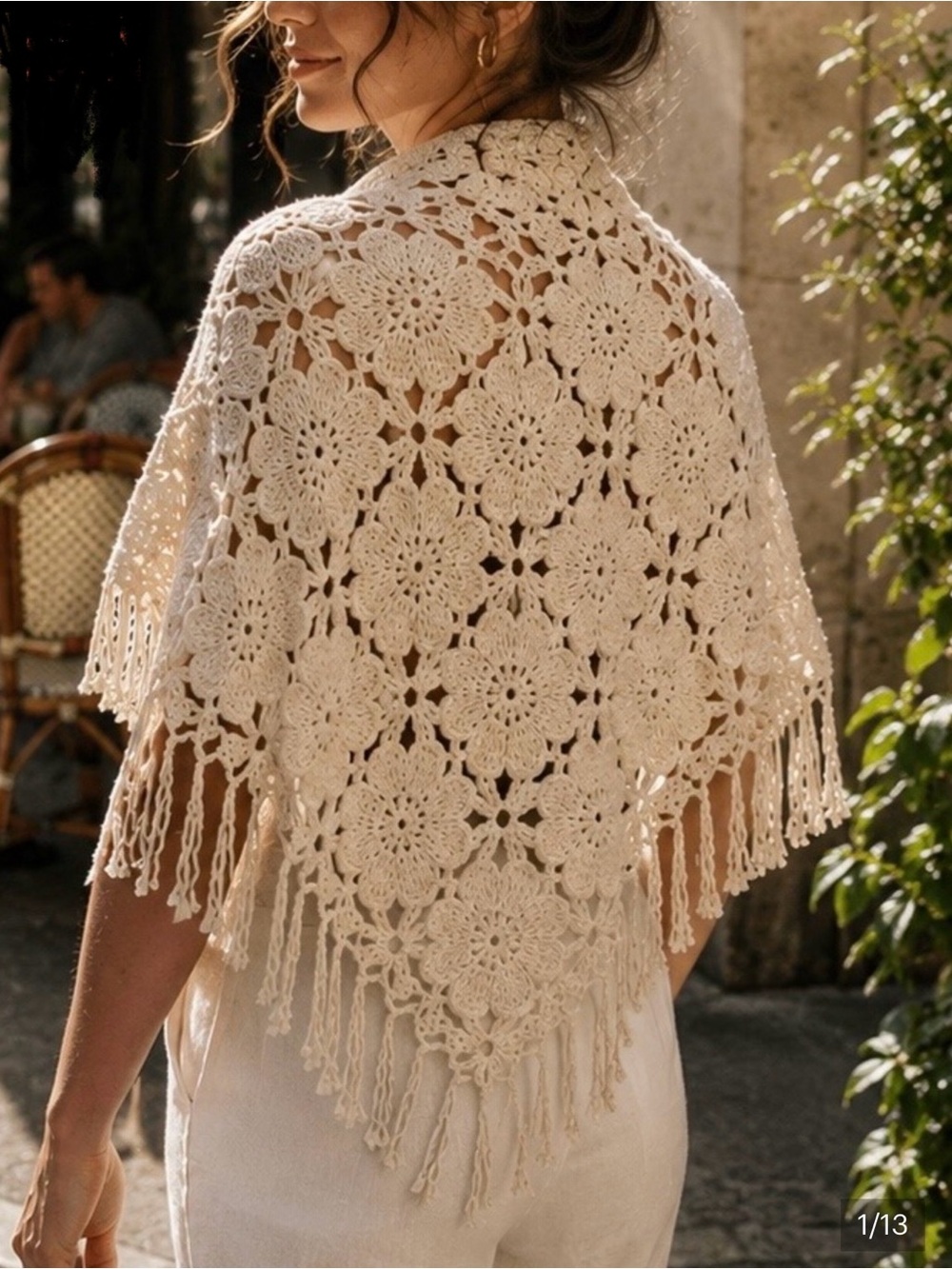 House of Harlow 1960 Ivory Crochet Fringe Triangle Shawl 100% Cotton